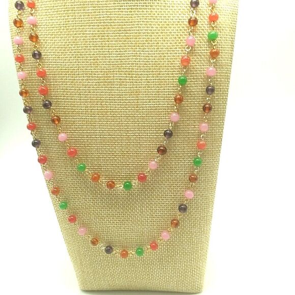 Long Multi-color Small Glass Beaded Necklace 46 inches Spring Ring - Picture 3 of 14